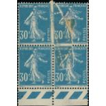 France Semeuse 1925-26 30c. blue, block of four from the foot of the sheet showing an official...