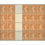 France Semeuse 1927-28 25c. ochre-brown, block of twenty (5x4) with vertical interpanneau margi...