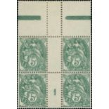 France 1900-24 Type Blanc 5c. green, type IA, double impression, block of four from the top of...