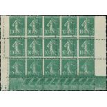 France Semeuse 1920-22 10c. green, thick figures, block of fifteen, (5x3) from the foot of the...