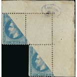 France 1862-70 "Empire" Laureated Issue 20c. blue, type II, irregular block of three from the t...