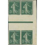 France Semeuse 1907 5c. green, type I, block of four with horizontal interpanneau margin betwee...