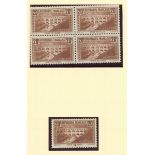 France 1929 Tourist Issue "Pont du Gard" 20f. deep red-brown, single and block of four, fine mi...