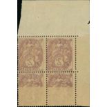 France 1900-24 Type Blanc 2c. claret, type IA, block of four from the upper left corner of the...