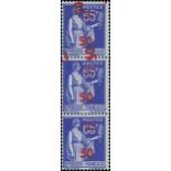 France 1940-41 Surcharges 50c. on 65c. ultramarine, vertical strip of three, surcharge double,...