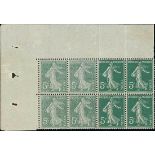 France Semeuse 1907 5c. green, type I, block of eight (4x2) from the upper left corner of the s...
