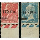 France 1928 "Ile de France" Issue 10fr. on 90c. red and 10fr. on 1fr.50c. blue, two marginal ex...
