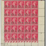 France Semeuse 1926-27 Surcharges 1f. 10 on 1f. 40 cerise, block of twenty-five from the lower...