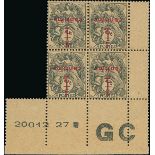 France 1919-22 Type Blanc Surcharged "GC" Paper ½c. on 1c. grey, surcharge inverted, block of f...