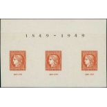 France 1949 CITEX 10f. brown, imperforate strip of three from the top of the sheet with "1849-1...