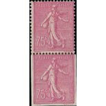 France Semeuse 1924-26 75c. bright magenta type I, vertical pair perforated and imperforate se-...