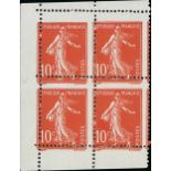 France Semeuse 1907 10c. red, block of four from the booklet plate, grossly misperforated,