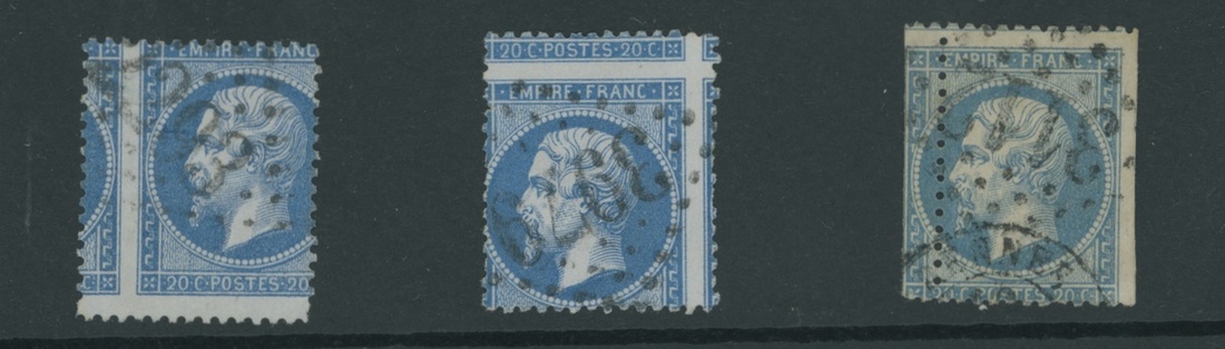 France 1862 Perforated "Empire" Issue 20c. blue, three examples in two contrasting shades,