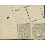 France 1900-24 Type Blanc 1c. grey, type I, horizontal pair from the upper left corner of the s...