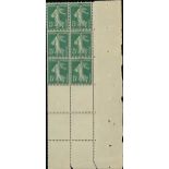 France Semeuse 1907 5c. green type I, block of ten (2x5) from the lower right corner of the she...