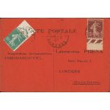 France Semeuse 1926-27 10c. green with "Phena" label at top, used with Sower 15c. on orange "ph...