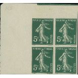 France Semeuse 1907 5c. green, type I, imperforate block of four from the upper left corner of...