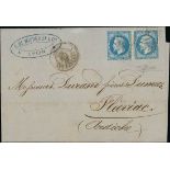 France 1862-70 "Empire" Laureated Issue 20c. blue, type I, in mixed franking with 1862 20c. blu...