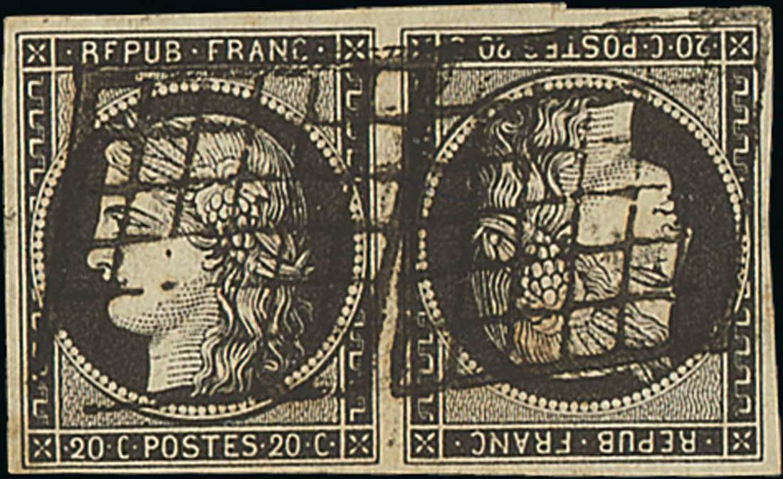 France 1849-50 First Issue 20c. black on yellow, tête-bêche pair,