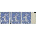 France Semeuse 1927-28 40c. ultramarine, horizontal strip of three from the right of the sheet,