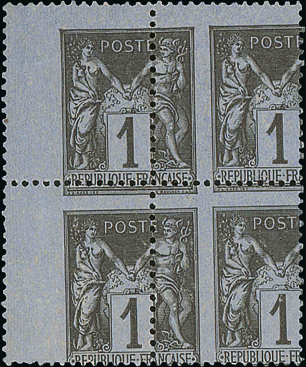 France 1876-1900 Type Sage Issues 1c. black on bluish, type II, misplaced perforation, block of...