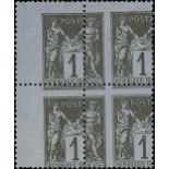 France 1876-1900 Type Sage Issues 1c. black on bluish, type II, misplaced perforation, block of...