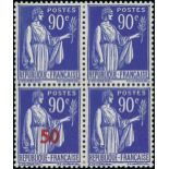 France 1940-41 Surcharges 50c. on 90c. ultramarine, block of four, only the third stamp surchar...