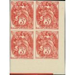 France 1900-24 Type Blanc 3c. red, type IB, imperforate block of four from the lower right corn...