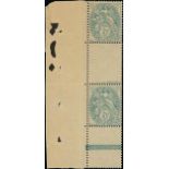 France 1900-24 Type Blanc 5c. yellow-green, type IA, vertical strip of three from the left of t...