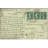 France Semeuse 1926-27 10c. green with "Mineraline" label at top, used with two additional 10c.