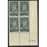 France 1929 Tourist Issue "Reims Cathedral" 3f. slate-blue, type IV, Coin date blocks of four (...