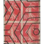 France Semeuse 1907 10c., a curious bright red shade, imperforate block of four with hexagonal...