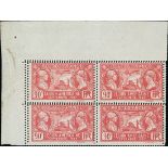 France 1927 Visit of American Legion 90c. red, block of four from the upper left corner of the...