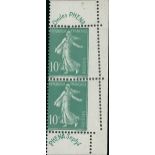 France Semeuse 1926-27 10c. green vertical pair with "Phena" labels at top and bottom, variety...