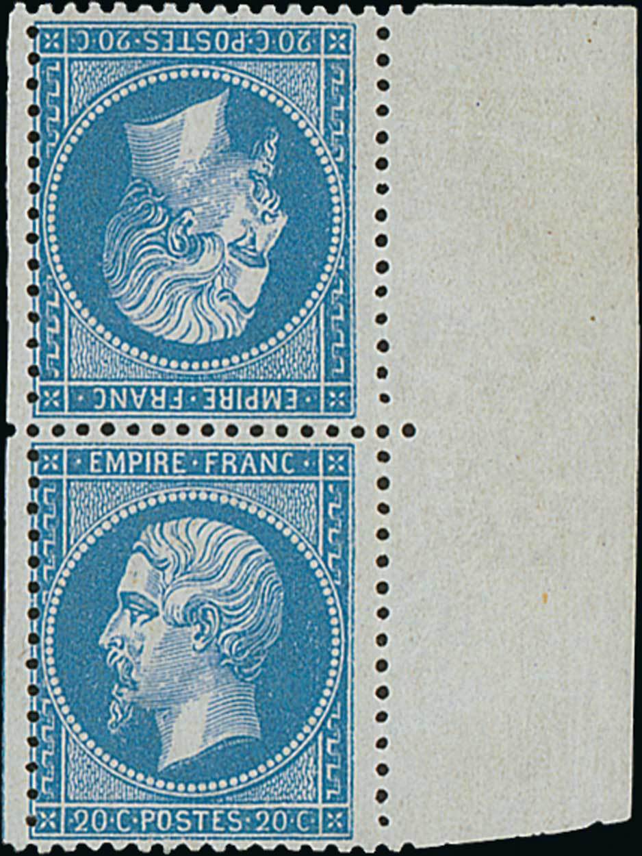 France 1862 Perforated "Empire" Issue 20c. blue, "head to head" tête-bêche pair from the right...