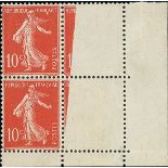 France Semeuse 1907 10c. red, block of four from the lower right corner of the sheet, the right...