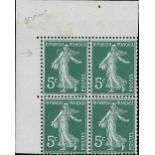 France Semeuse 1907 5c. green, type I, block of four from the upper left corner of the sheet,