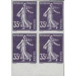 France Semeuse 1907 35c. violet, type I, imperforate block of four from the foot of the sheet,
