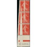 France Semeuse 1906 Thin Figures 10c. red, vertical strip of three from the foot of the pane, d...