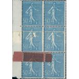 France Semeuse 1938 50c. greenish blue, block of six (2x3) from the left of the sheet displayin...