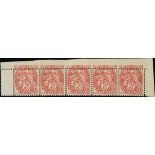 France 1900-24 Type Blanc 3c. red, type IB, horizontal strip of five from the top of the sheet,...