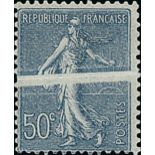 France Semeuse 1920-22 50c. blue, displaying a striking horizontal pre-printing paper fold (pli...