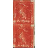 France Semeuse 1907 10c. red, imperforate vertical pair exhibiting a fine double impression;