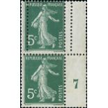 France Semeuse 1907 5c. green, type I, vertical pair from the right of the pane with Millésime...