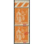 France 1934-37 Surcharges 80c. on 1f. orange, vertical pair from the top of the sheet, the firs...