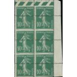 France Semeuse 1920-22 10c. green, block of six (2x3) from the upper right corner of the sheet,...