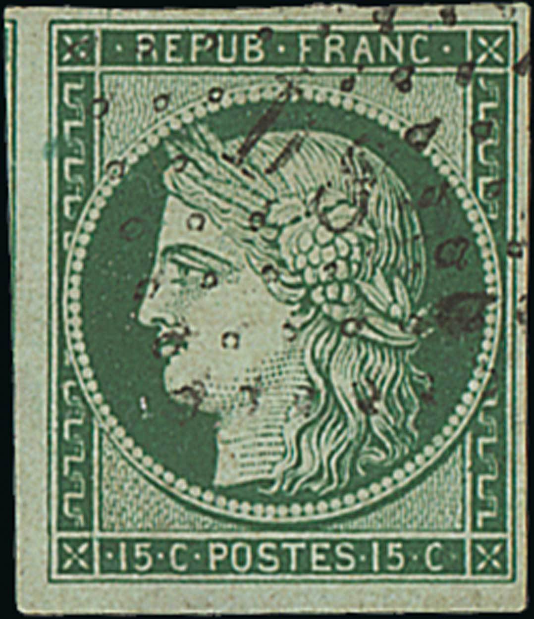 France 1849-50 First Issue 15c. very dark green, distinctly intense colour,