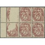 France 1900-24 Type Blanc 2c. claret, type IB, block of six (3x2) from the left of the pane,