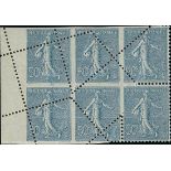 France Semeuse 1920-22 50c. blue, block of six (3x2) from the left of the sheet displaying a fi...