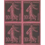 France Semeuse 1907 10c. black on rose, imperforate essay block of four,